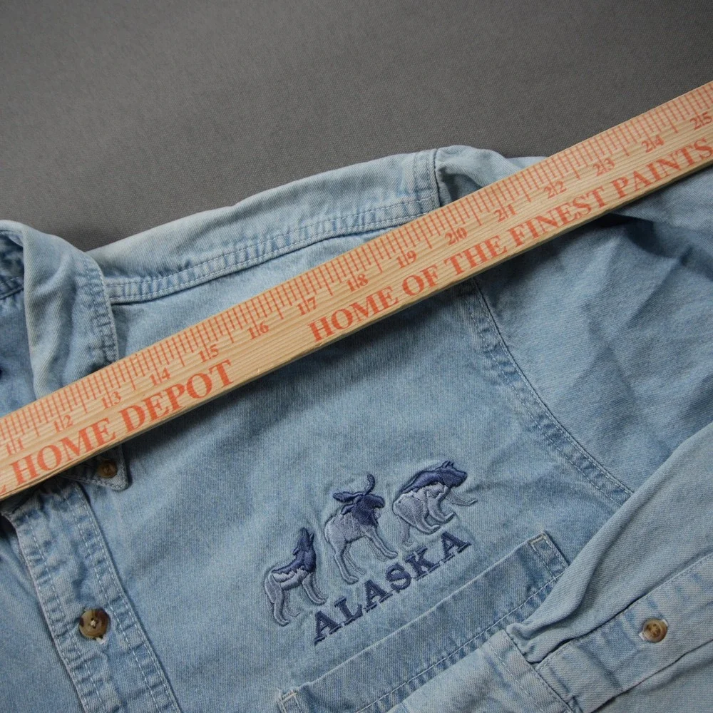 Alaska Wildlife Shamry Denim Embroidered Denim Men L Shirt Vintage Cabin Nature